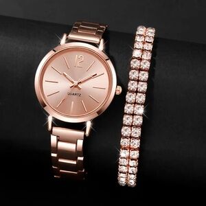2pcs Stainless Steel Quartz Watch and Rhinestone Bracelet Set